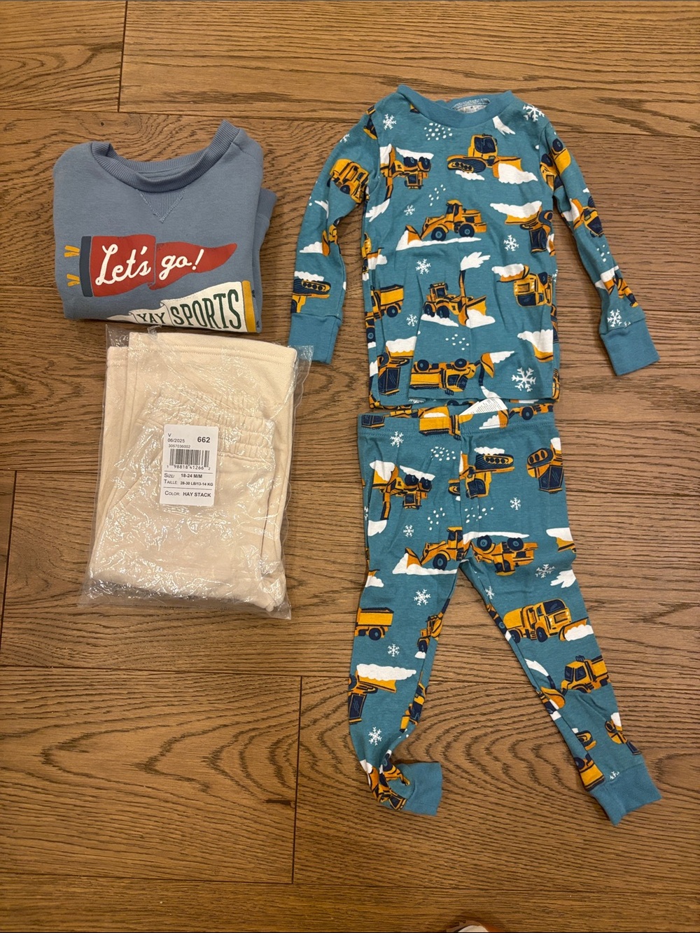 Carter's Cream Fleece Joggers with Small Tractor Accent and blue sweatshirt